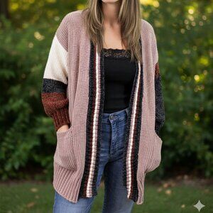 Soft Knitted Sweater Open Front with Pockets Pink Grey Color Block Fits M-L NEW